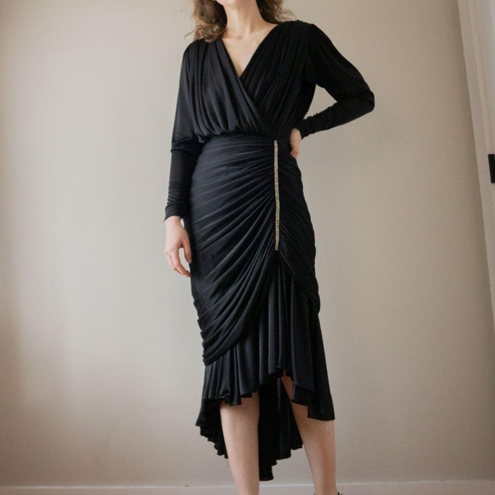 Vintage Black 80s Cocktail Evening Draped Women's Dress with Rhinestone details - Picture 4 of 8